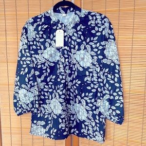 New blue and grey floral long sleeve button up shirt. Size M. Light rayon.